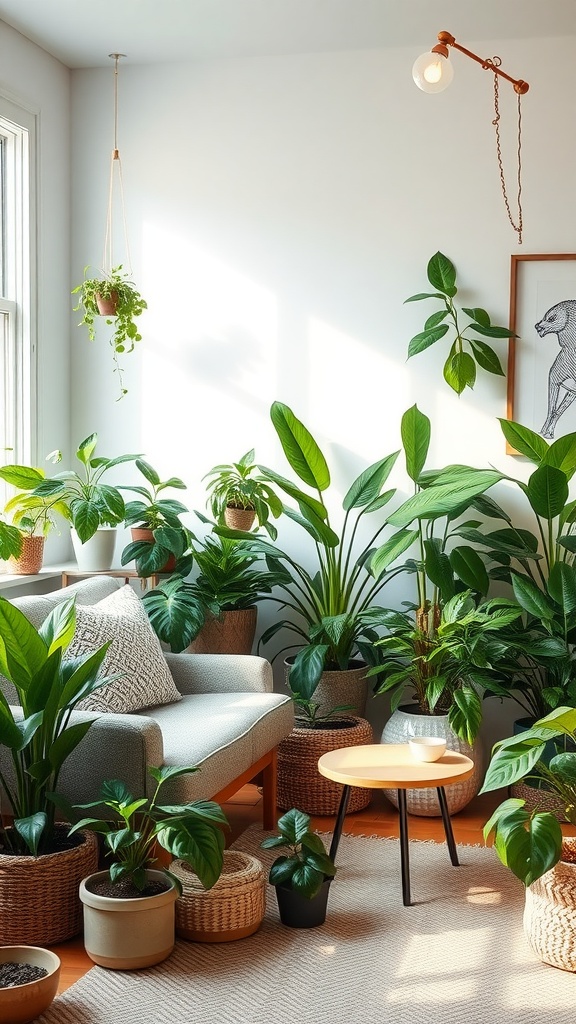 A bright living room filled with various indoor plants, showcasing a cozy atmosphere.