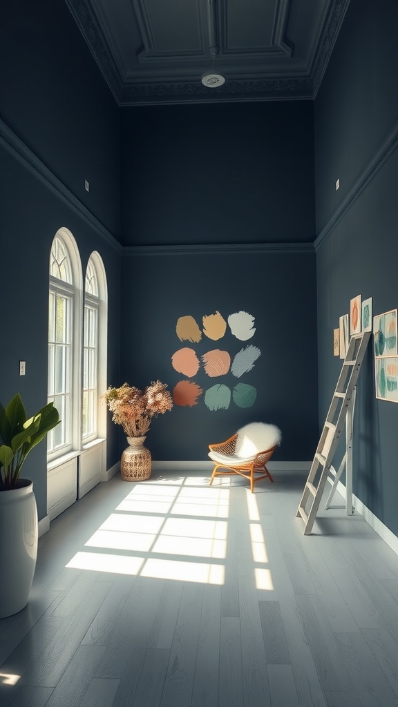 A dark room with large windows, showcasing paint color swatches on the wall and bright sunlight streaming in.