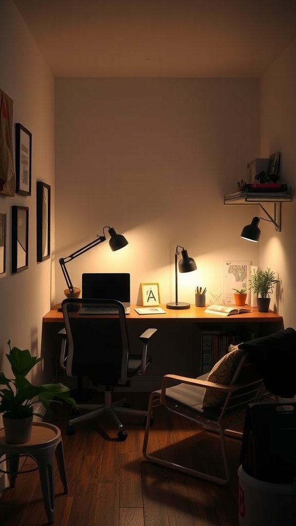 A cozy tiny home office with adjustable lighting, showcasing a wooden desk, a computer, and stylish desk lamps.