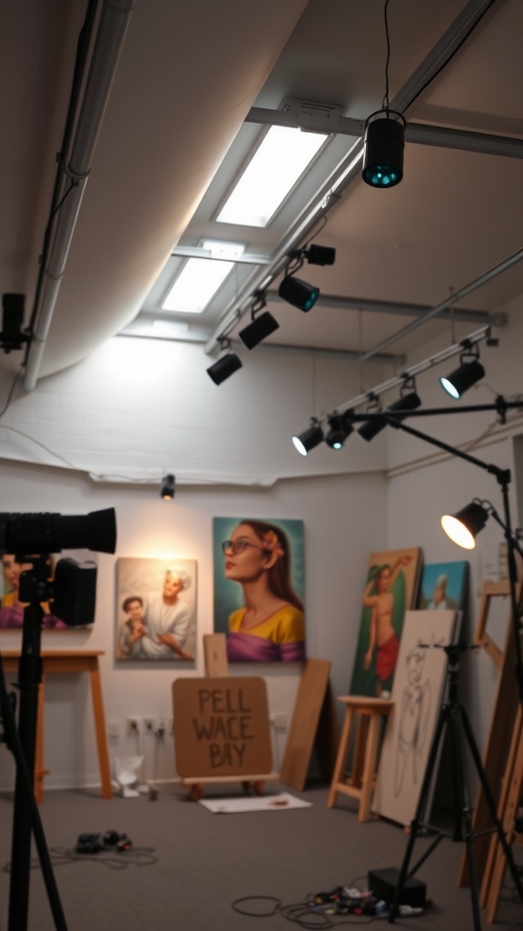 An art studio with adjustable spotlights illuminating various paintings and artwork on the walls.