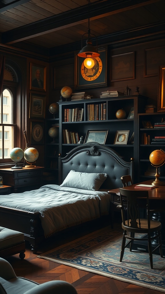A cozy Dark Academia bedroom featuring globes, bookshelves, and a vintage bed.