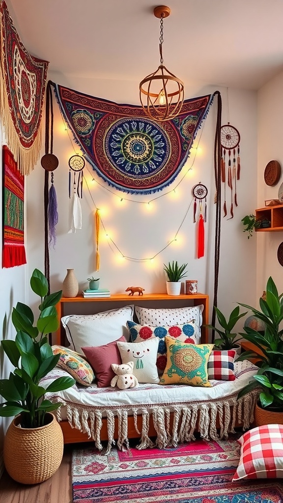 Cozy Boho bedroom with colorful pillows, tapestries, and plants