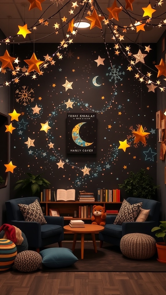 Cozy reading corner with starry decorations, comfortable seating, and bookshelves.