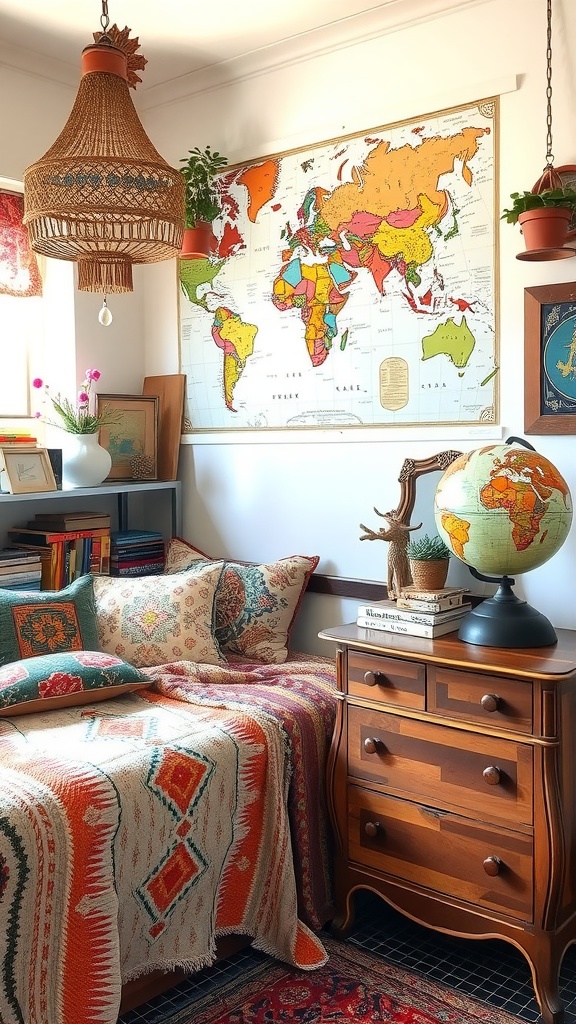 Cozy boho bedroom with a world map, colorful textiles, and wooden furniture.