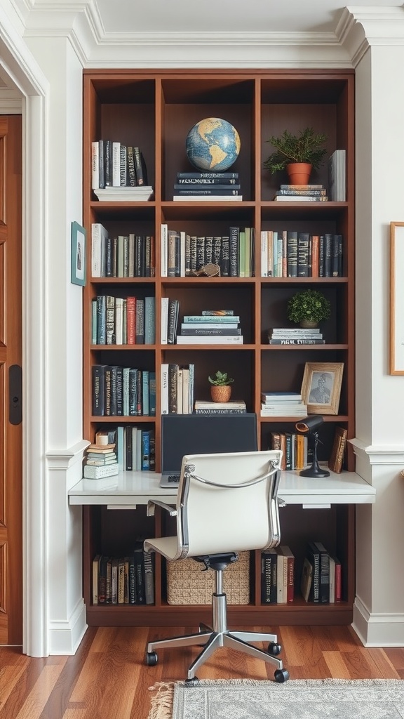 A stylish small home office featuring a wooden bookcase filled with books and plants, with a desk and chair underneath.