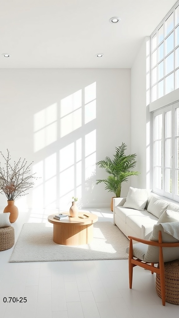 Living room featuring Aesthetic White SW 7035 with a cozy couch, wooden coffee table, and indoor plants.