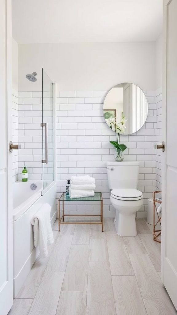 Modern bathroom with wood-look flooring, a minimalist design, and a clean aesthetic.