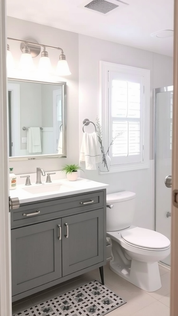 A modern and affordable master bathroom remodel featuring a gray vanity, bright lighting, and a clean shower area.