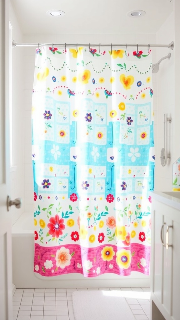 A bright and colorful shower curtain featuring flowers and stars in a bathroom setting.