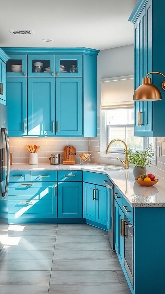 Vibrant blue kitchen cabinets with modern fixtures and bright natural light.
