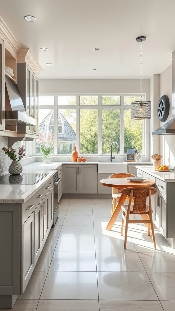 A modern kitchen with light gray cabinets, quartz countertops, and a cozy dining area, filled with natural light.