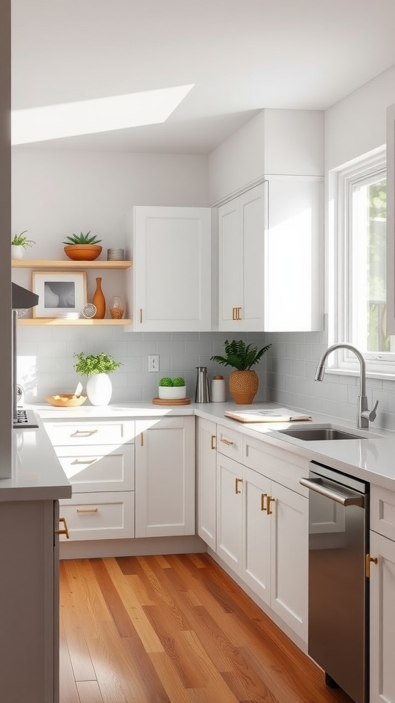 Updated kitchen with white cabinets, gold hardware, and open shelving featuring plants and decorative items.