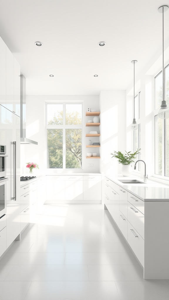 A modern, bright white kitchen with large windows, sleek cabinetry, and open shelving.