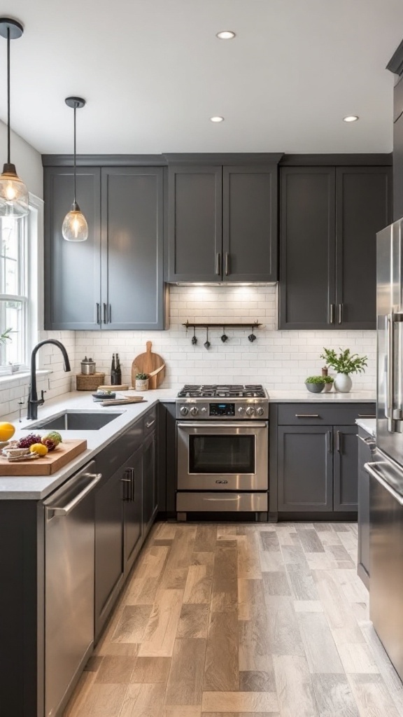 A modern kitchen with dark wood cabinets, white marble countertops, and stainless steel appliances.