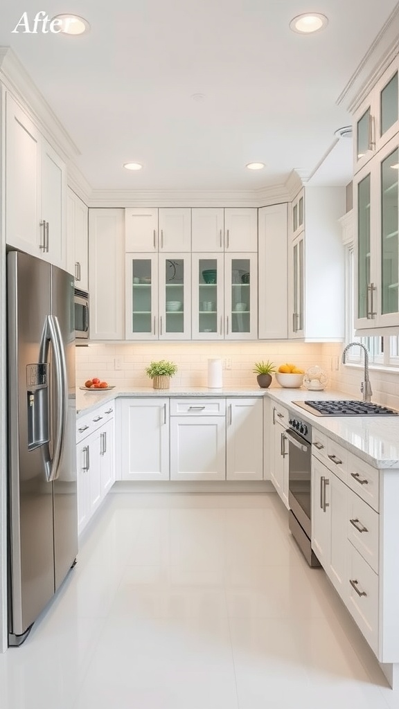 A renovated kitchen featuring white cabinetry, stainless steel appliances, and modern fixtures.