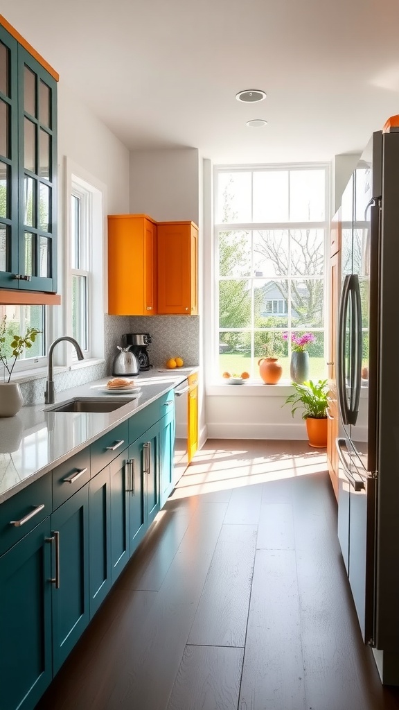 Colorful kitchen remodel featuring teal and orange cabinets with natural light