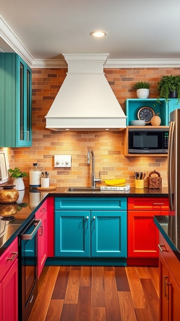 A colorful kitchen featuring teal, pink, and orange cabinets with a modern design.
