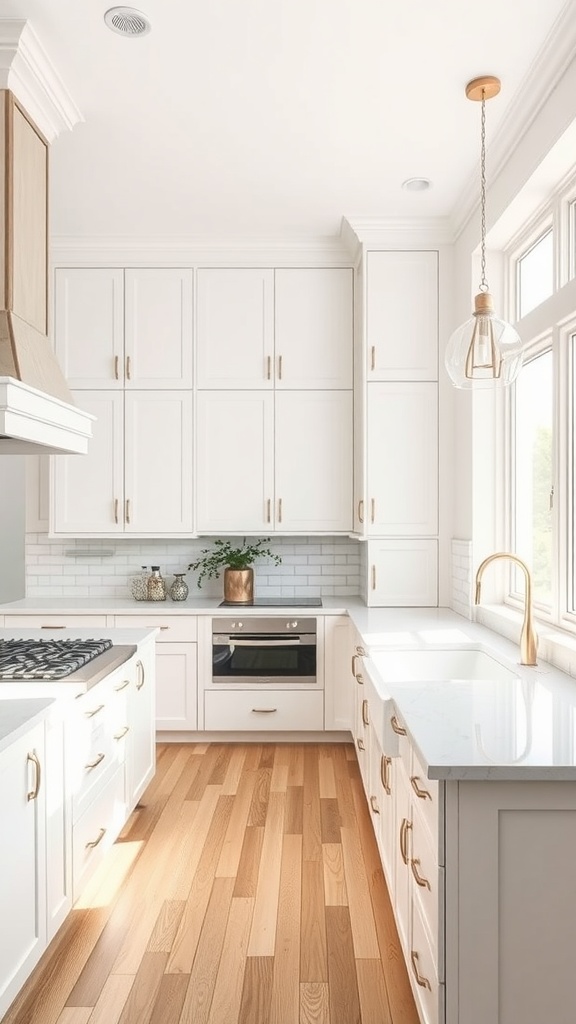 Bright and modern kitchen with white cabinets, wooden floors, and gold accents.