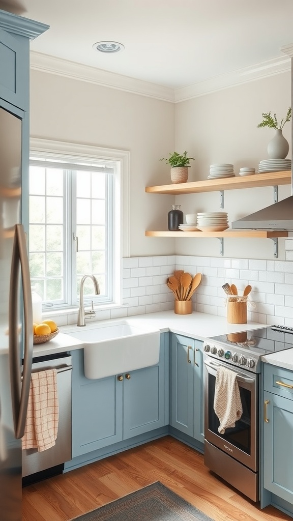 A kitchen featuring light blue cabinets, open wall shelves with decorative items, a farmhouse sink, and stainless-steel appliances.
