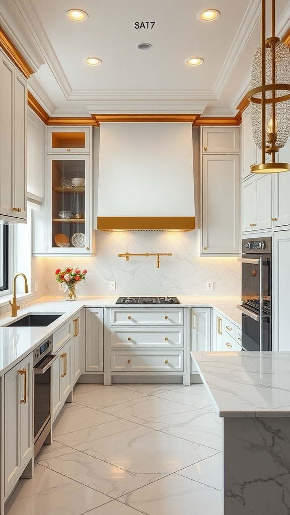 Luxury kitchen with gold accents and white cabinetry