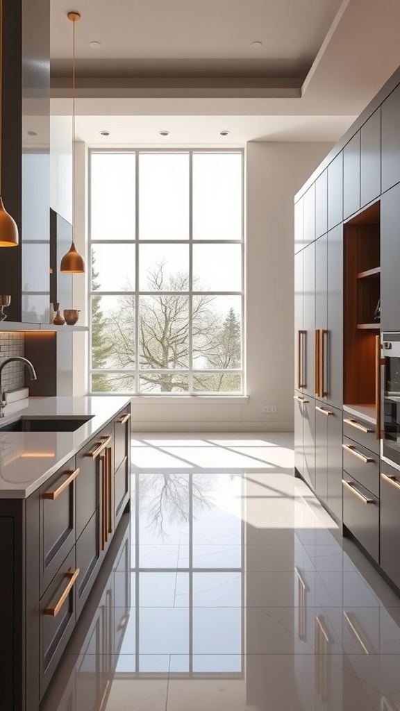 Modern kitchen featuring dark cabinets and gold accents with large windows.