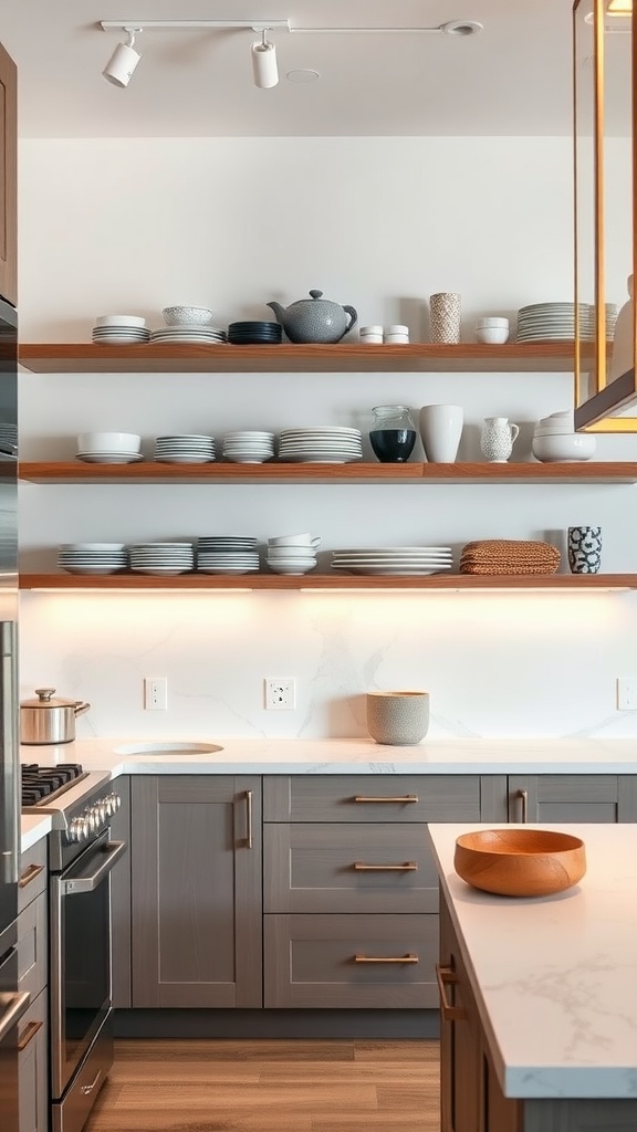 Modern kitchen with wooden wall shelves displaying plates and pottery, featuring sleek cabinetry and soft lighting.