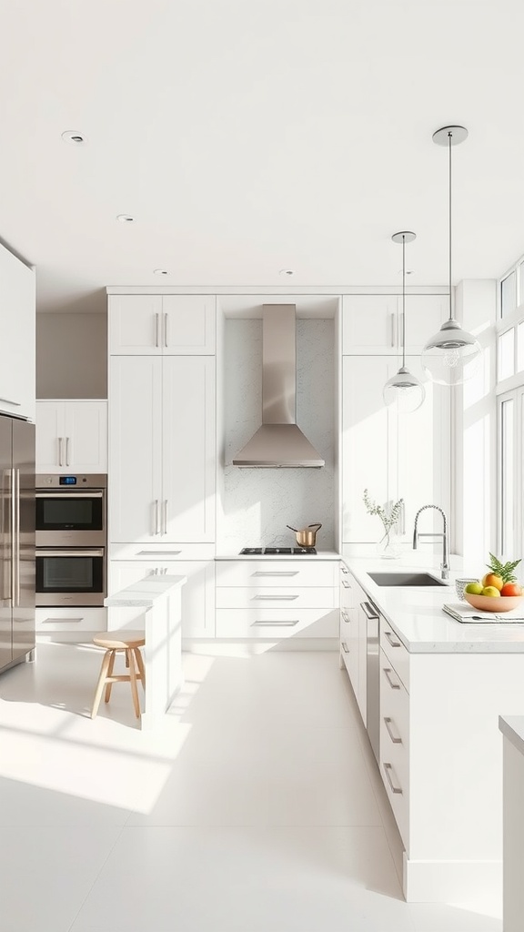 Neutral modern kitchen with white cabinets and bright lighting.