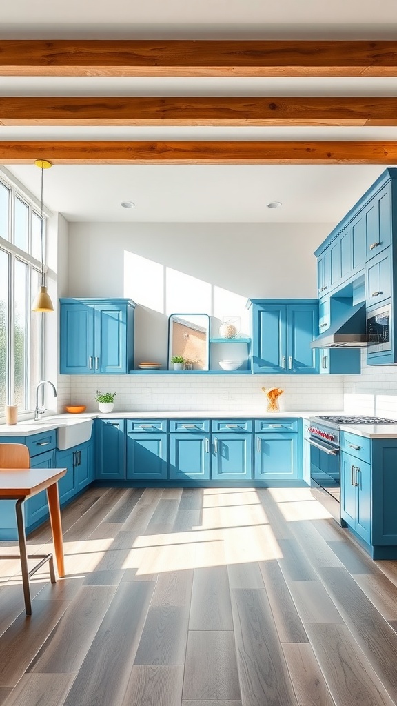 Open kitchen featuring blue cabinets, wooden beams, and natural light.
