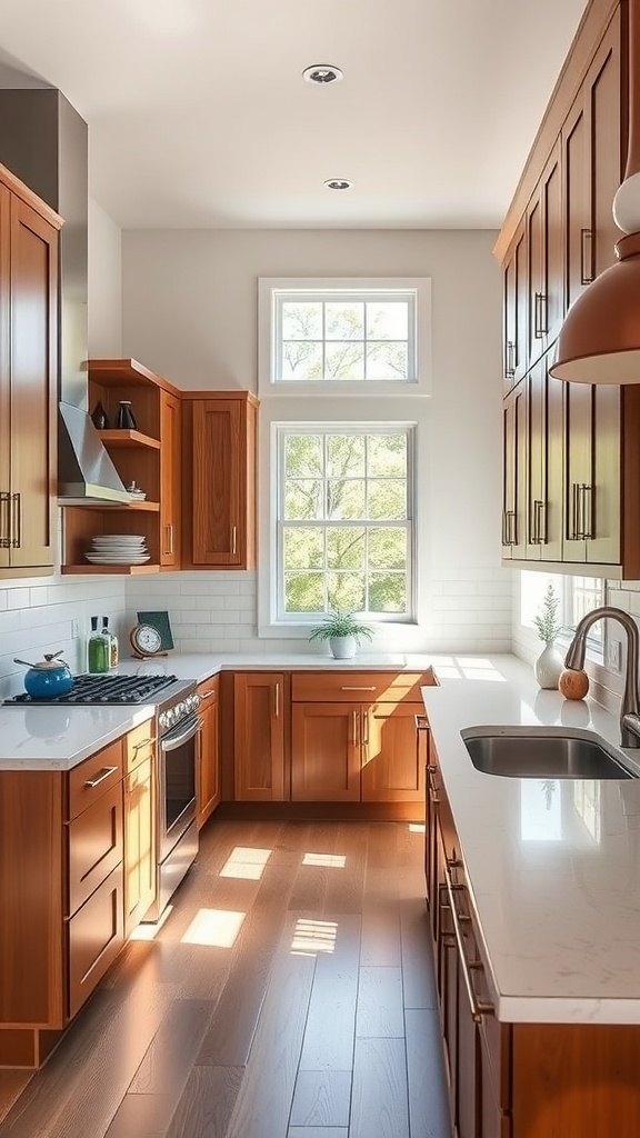 A bright kitchen with wooden cabinets, large windows, and modern appliances.