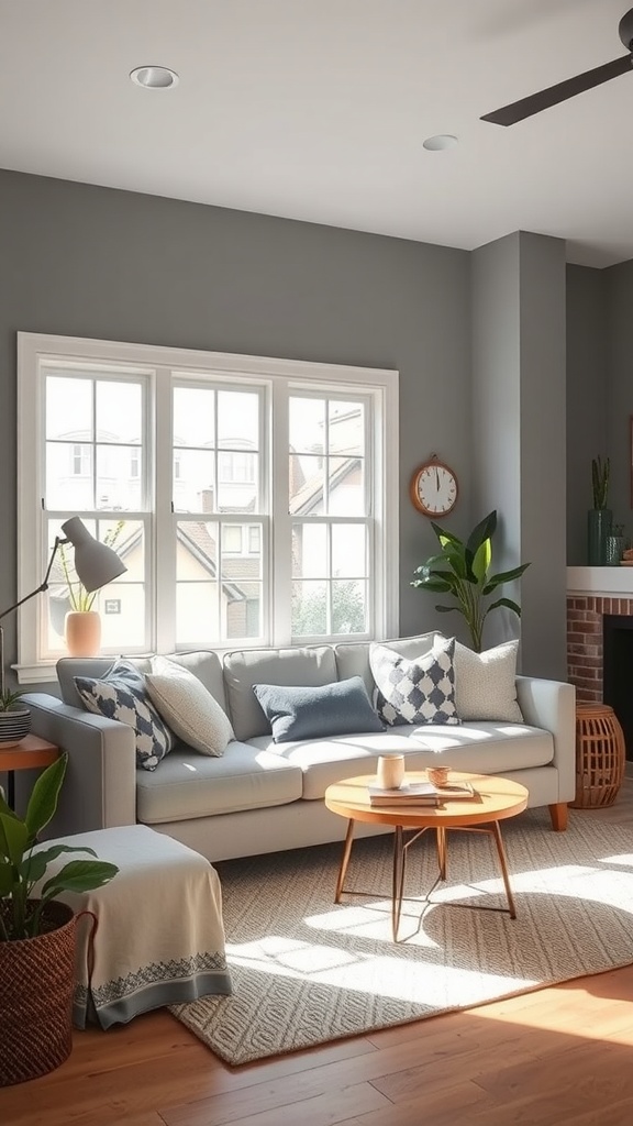 A cozy living room featuring Agreeable Gray walls, with a light sofa, colorful pillows, and wooden furniture.