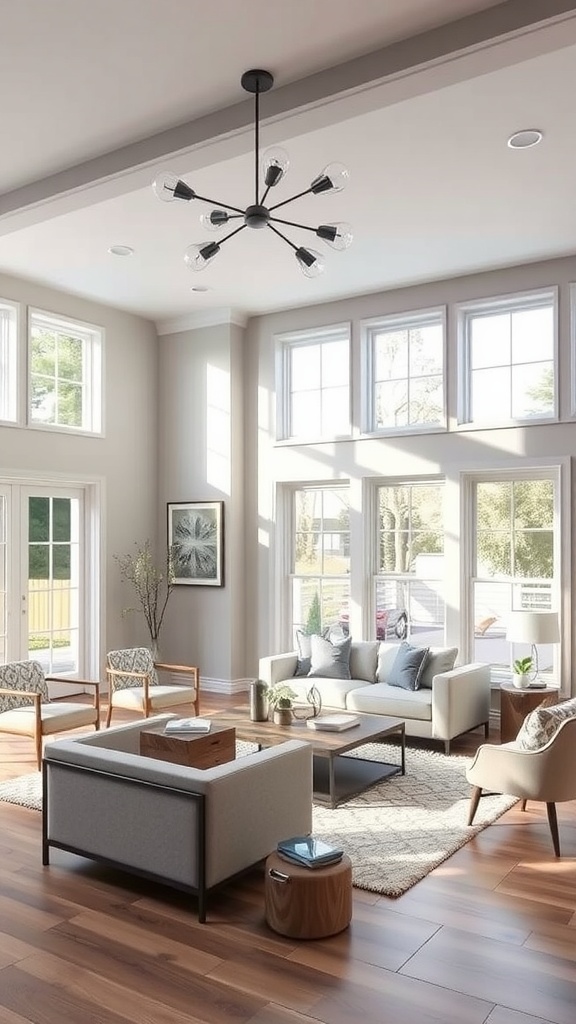 Living room painted in Agreeable Gray SW 7029 with modern furniture and large windows.