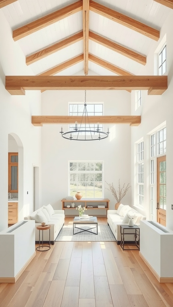 Bright living room featuring Alabaster walls, wooden beams, and cozy furniture.