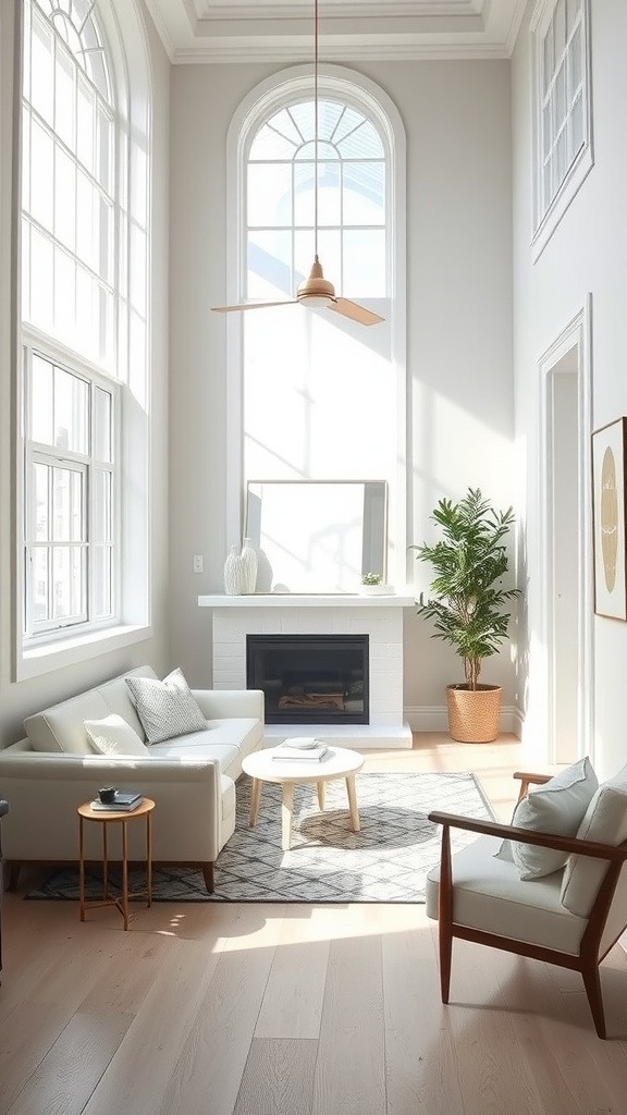 A well-lit living room featuring Alabaster SW 7008 walls with large windows, modern furniture, and a cozy atmosphere.