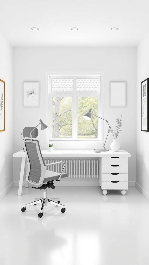 A minimalist home office with an all-white theme, featuring a white desk, ergonomic chair, and natural light from the window.