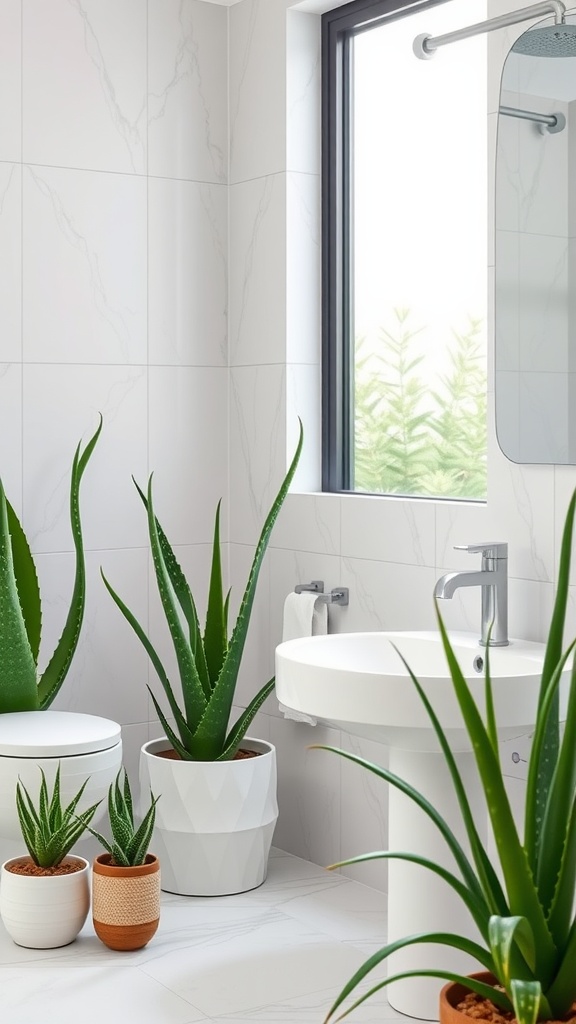 A bathroom featuring multiple aloe vera plants in decorative pots, showcasing a modern and clean aesthetic.