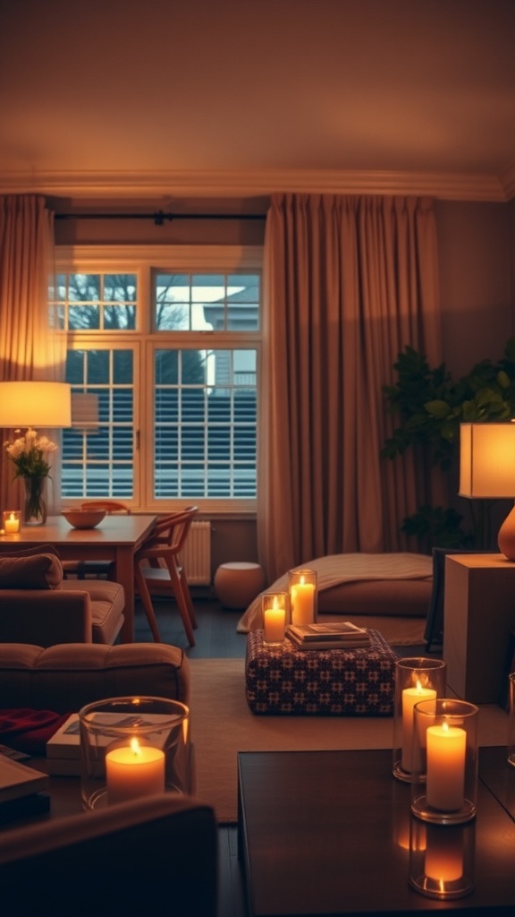 Cozy living room with candles and soft lighting