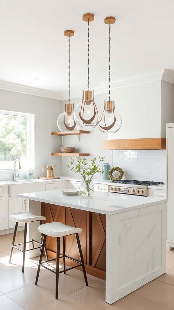 A modern kitchen with a peninsula featuring pendant lighting above it.