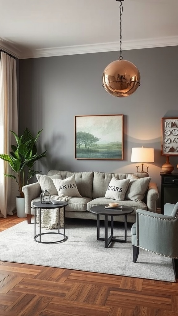 A living room featuring Anew Gray paint color on the walls, with cozy furniture and warm lighting.