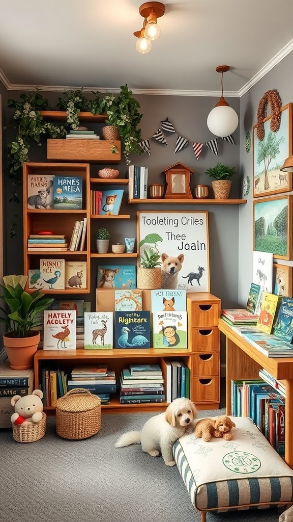 Cozy classroom reading corner with animal-themed books, soft lighting, and a puppy.