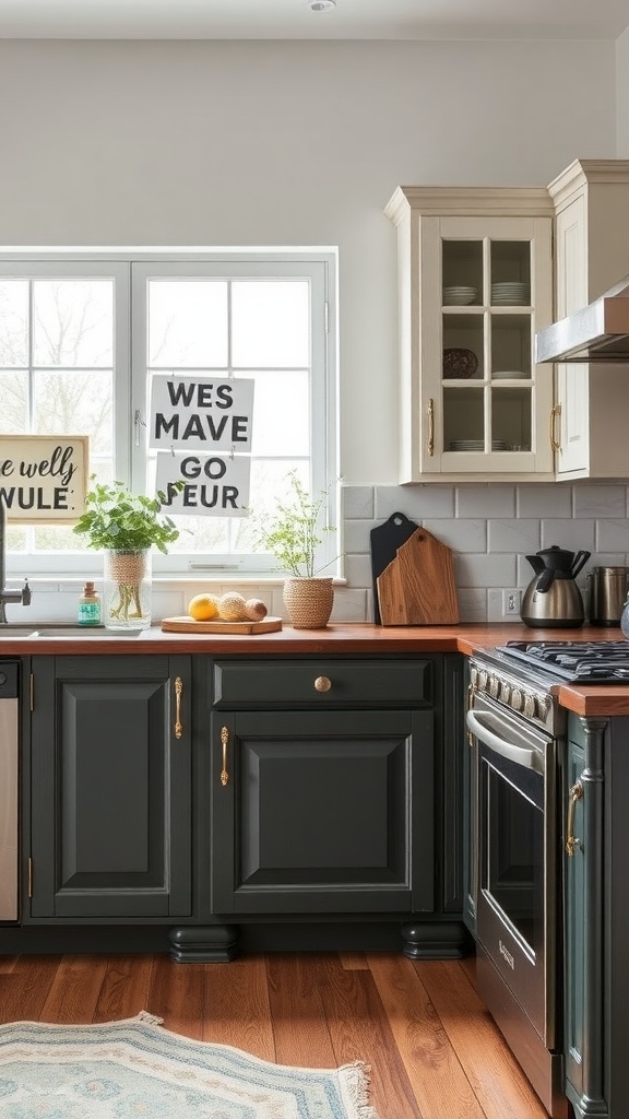 A cozy farmhouse kitchen featuring antique accent cabinets with a mix of dark and light cabinetry.