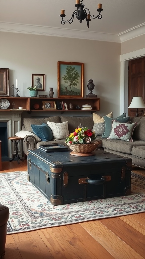 A cozy country farmhouse living room featuring an antique trunk as a coffee table, vintage artwork on the walls, and decorative pillows on the sofa.