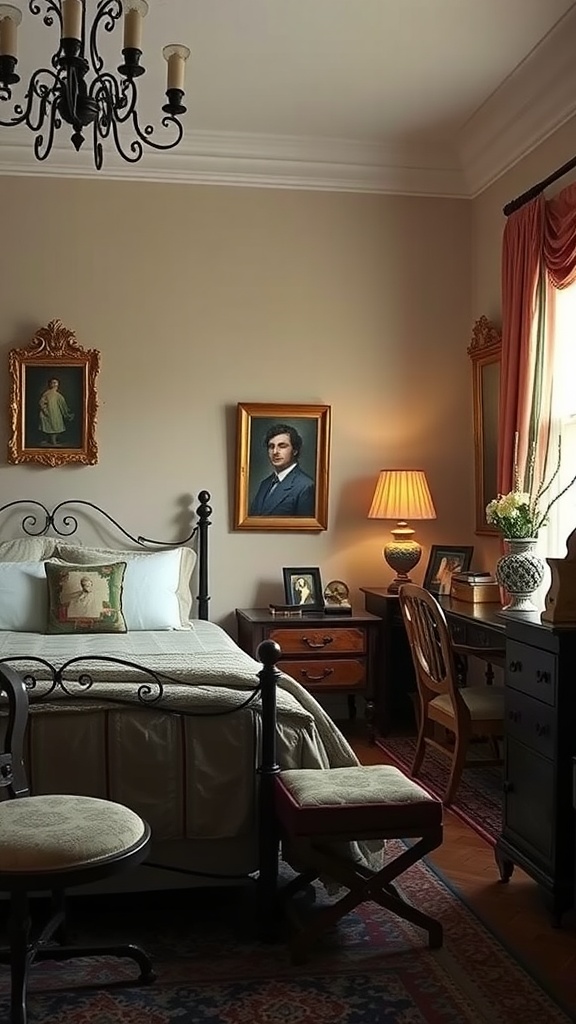 Cozy rustic bedroom with vintage artwork, warm lighting, and antique accessories