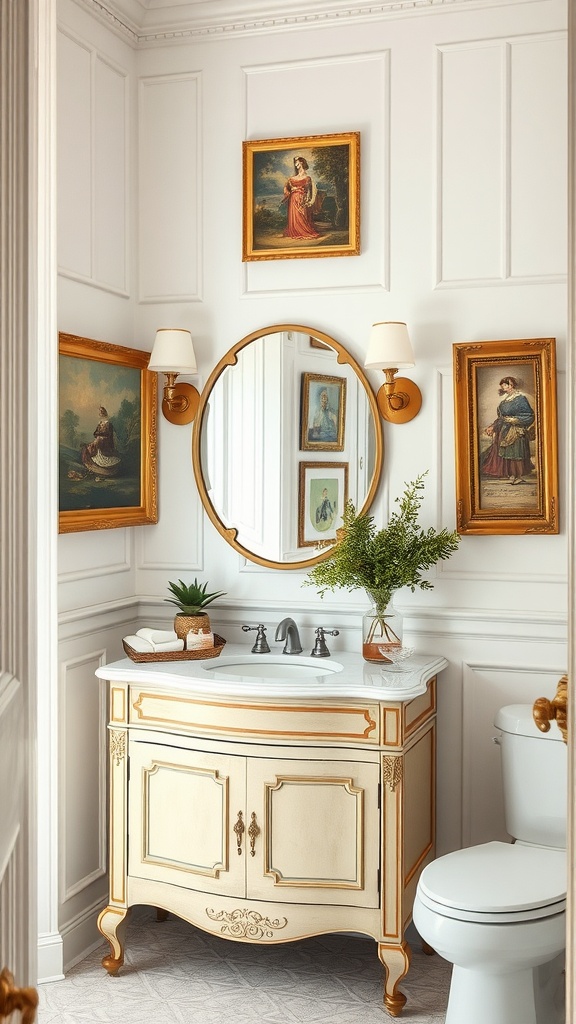 A transitional bathroom featuring antique art on the walls, an elegant vanity, and a round mirror.