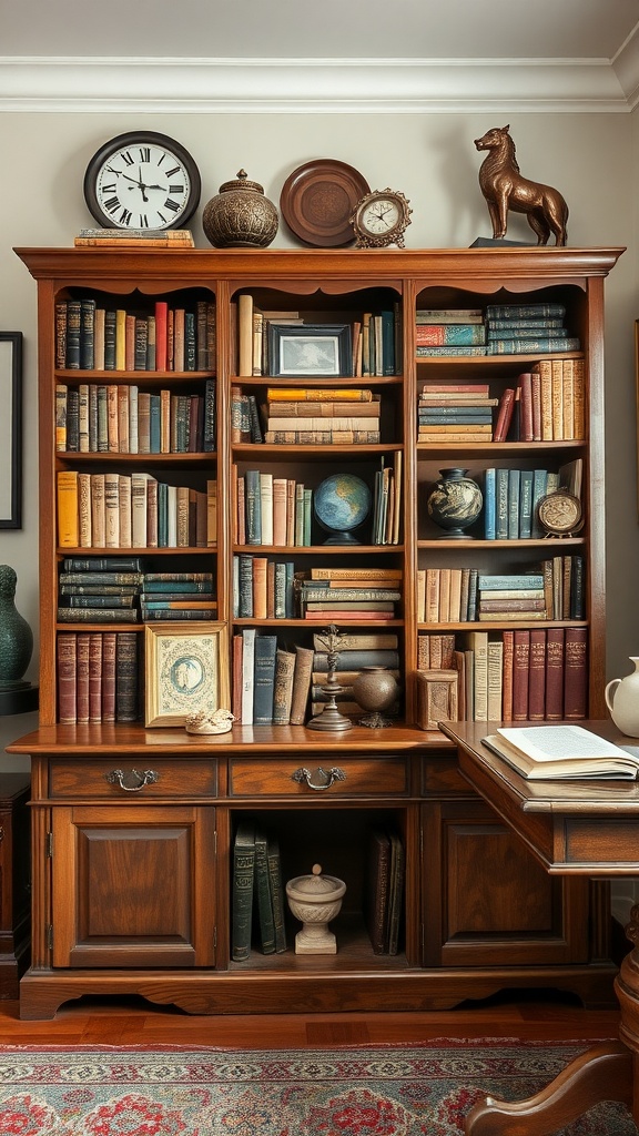 Antique bookshelf filled with classic literature, featuring vintage decor items.