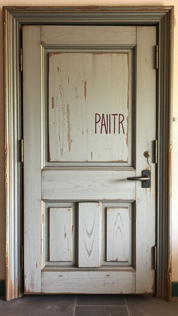 An antique pantry door with a faded blue finish and the word 'PAINTR' inscribed on it.