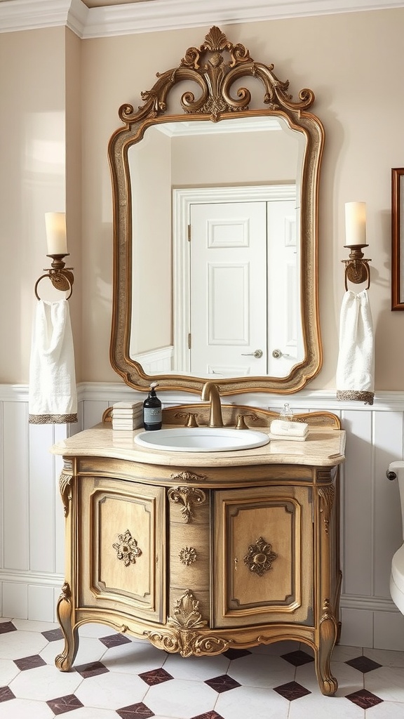A bathroom featuring an antique-style vanity with gold accents and an ornate mirror.