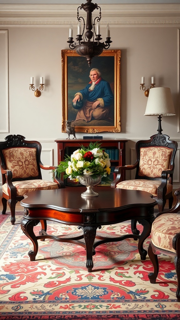 Antique living room featuring elegant armchairs, a classic coffee table, a chandelier, and a portrait on the wall