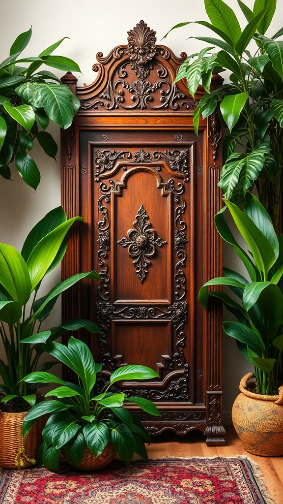 Carved antique wooden screen surrounded by lush green plants in a cozy setting.