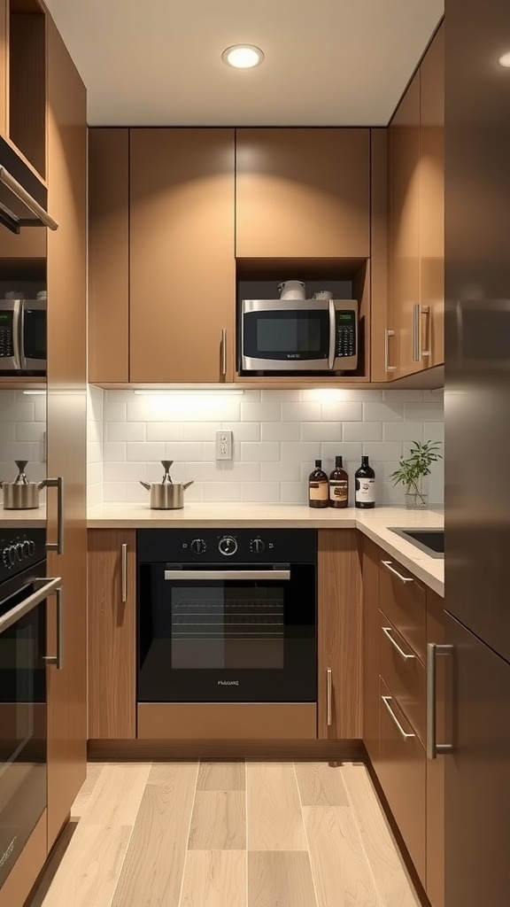 A modern small apartment kitchen featuring an appliance garage for storage.