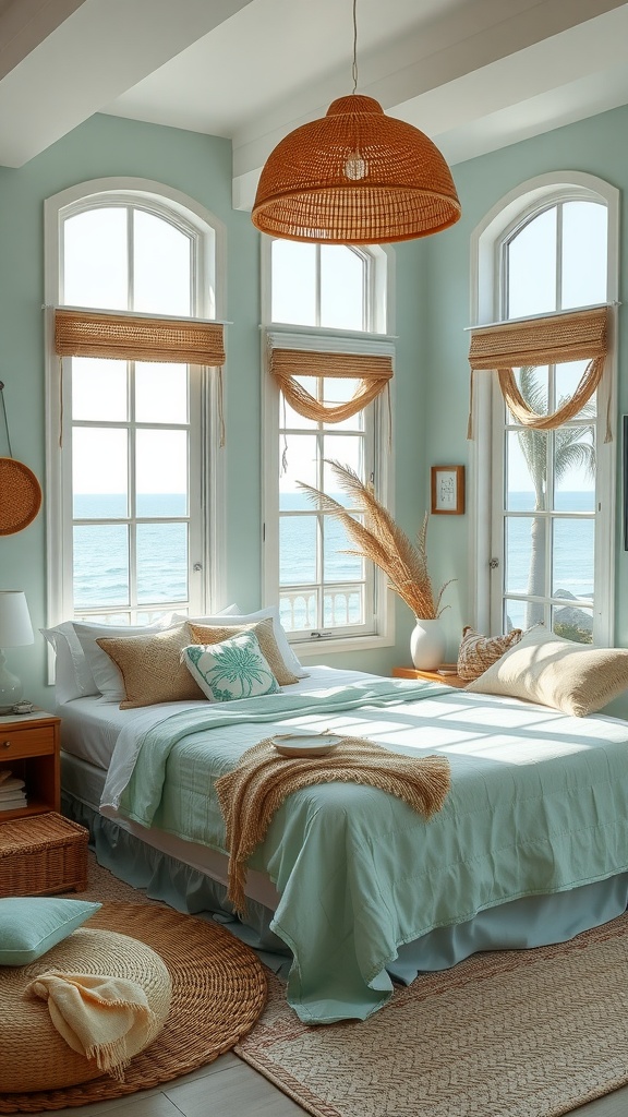 A bright and airy boho coastal bedroom featuring aqua walls, large windows with sea views, and natural decor elements.